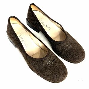 Chanel Brown Wool Felt Ballet Square Block Heel Slip On Shoes Size 38 US 8 B